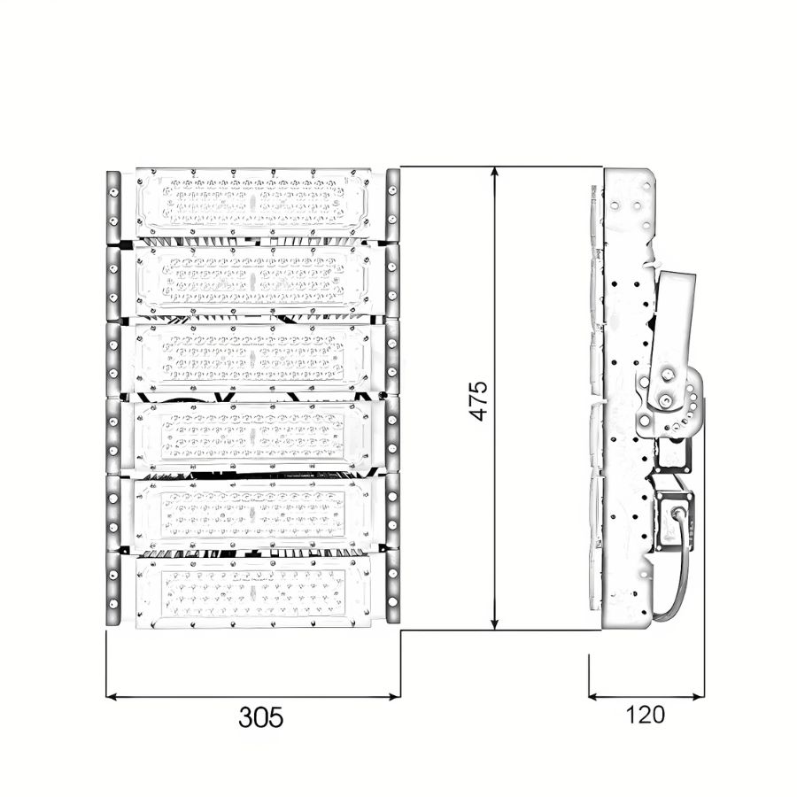 Kích thước đèn LED pha module chiếu sáng sân Pickleball BVP575 300W