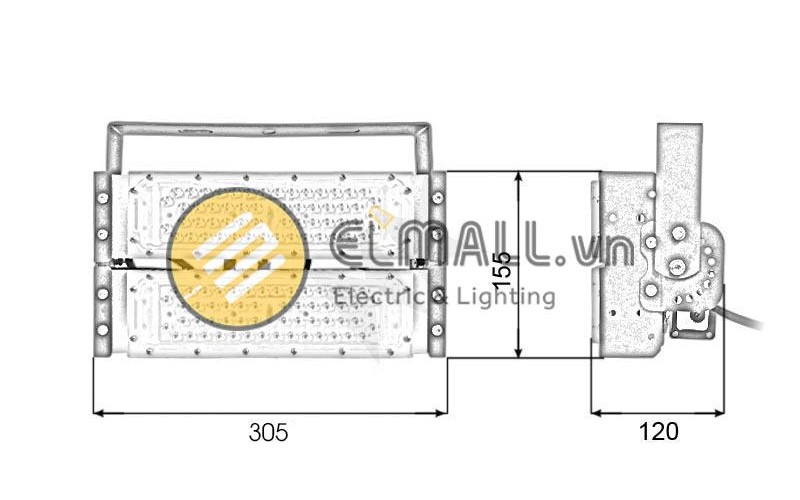 Minh họa kích thước đèn LED pha module chiếu sáng sân Pickleball BVP575 100W