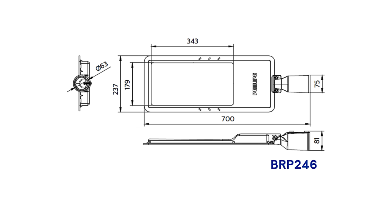 Kích thước của đèn đường LED BRP246 LED270/WW 200W DM0 PSU StreetStar Gen2 Philips