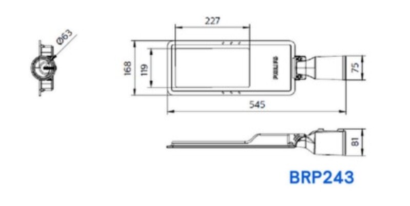 Bản vẽ kích thước đèn đường BRP243 LED94/WW 70W DM0 PSU