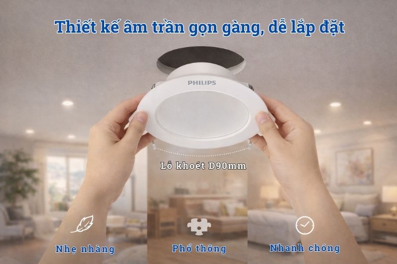 Đèn LED âm trần đổi màu 9W D90 DL190B Eridani Philips 11 Cấu hình lỗ khoét trần 90mm phổ biên trên thị trường